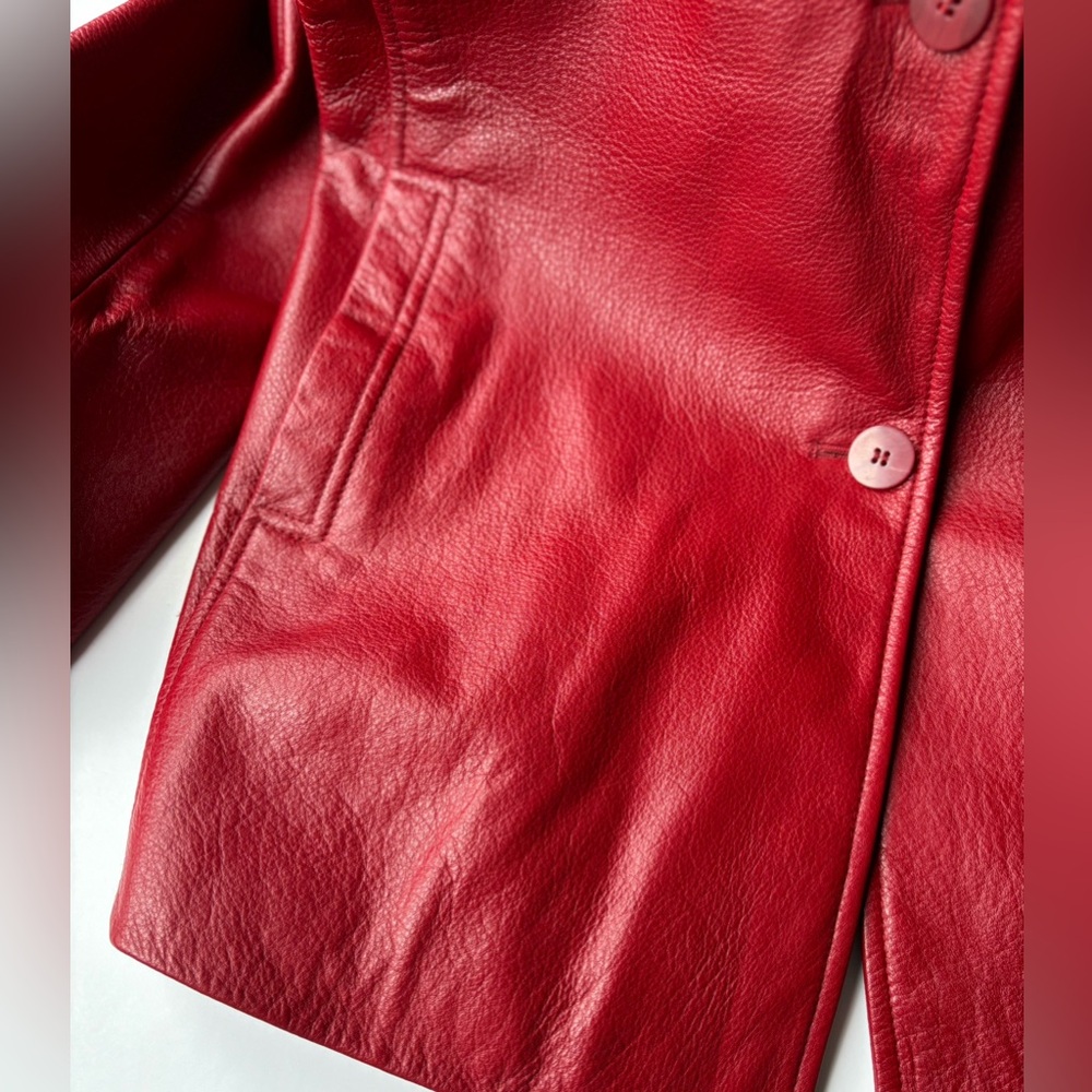 90s Vintage Cherry Red Leather Oversized Flattering Boxy Fit Button Front Jacket - Picture 6 of 16